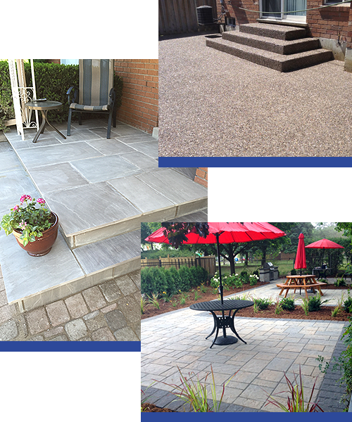 Collage of finished patios made from different type of stone.